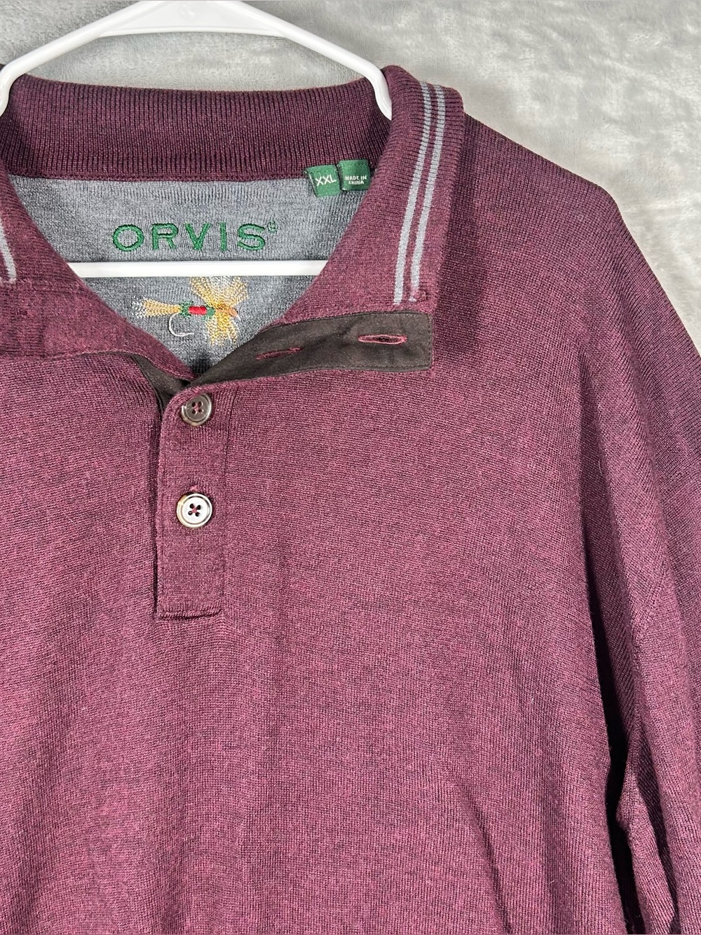 Orvis Sweater Mens 2XL Maroon 100% Merino Wool Mock Neck Henley Button Outdoor